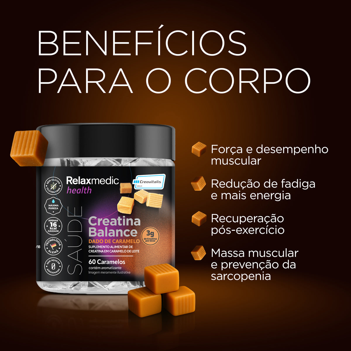 Creatina Sabor Caramelo 100% Pura Alemã Creavitalis® - Micronizada - Alta Solubilidade - 60un