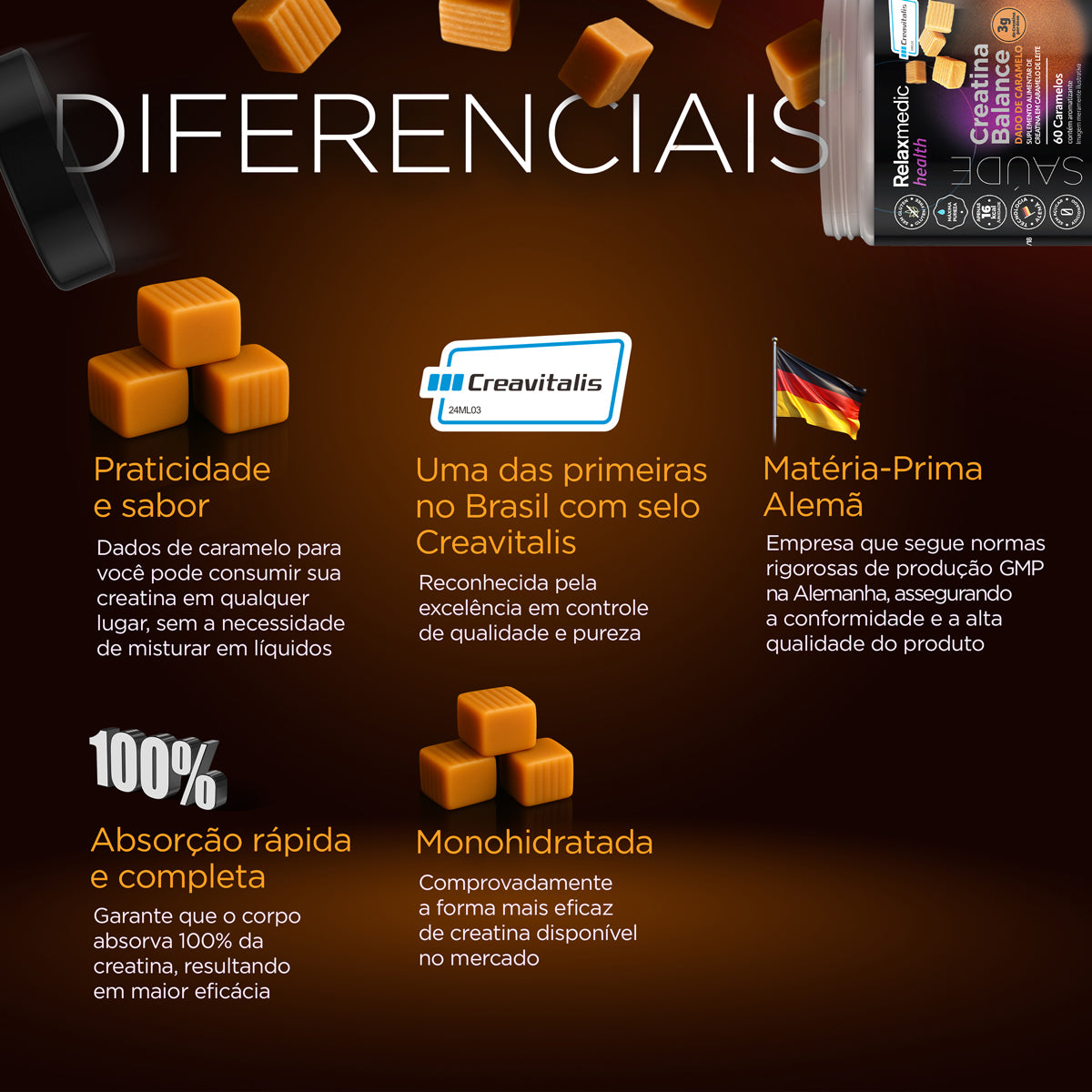Creatina Sabor Caramelo 100% Pura Alemã Creavitalis® - Micronizada - Alta Solubilidade - 60un