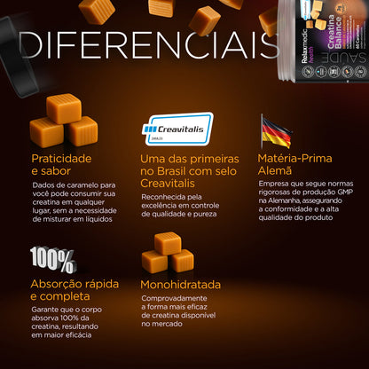 Creatina Sabor Caramelo 100% Pura Alemã Creavitalis® - Micronizada - Alta Solubilidade - 60un