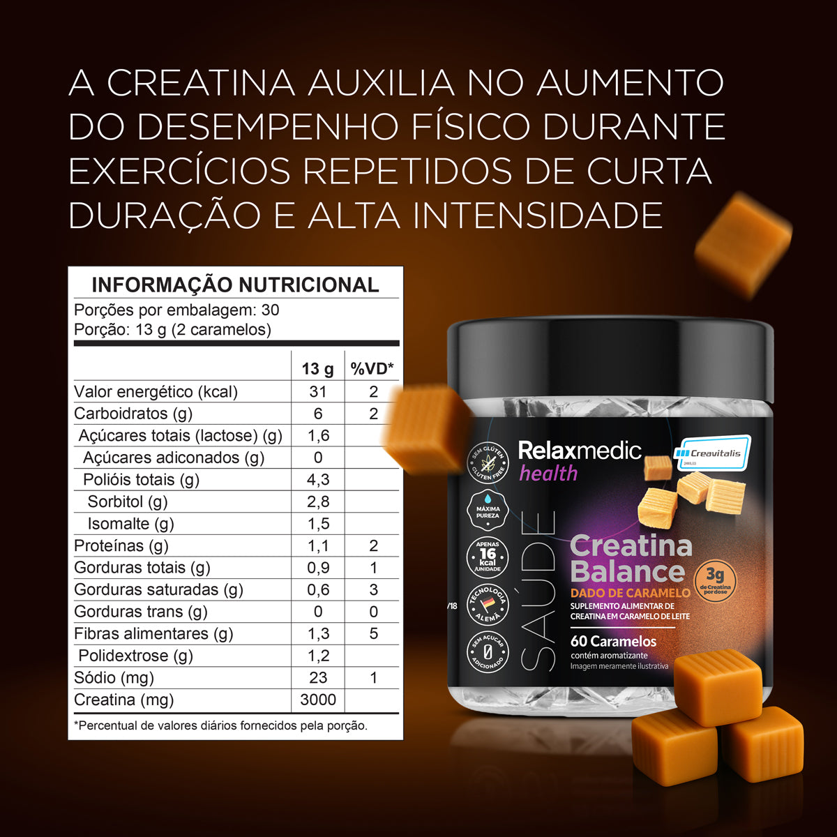 Creatina Sabor Caramelo 100% Pura Alemã Creavitalis® - Micronizada - Alta Solubilidade - 60un