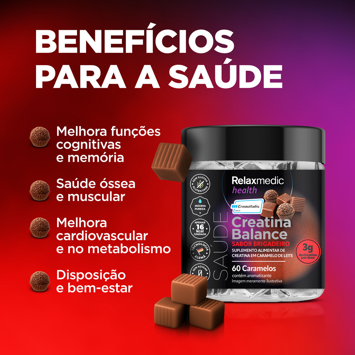 Creatina Sabor Brigadeiro 100% Pura Alemã Creavitalis® 60un